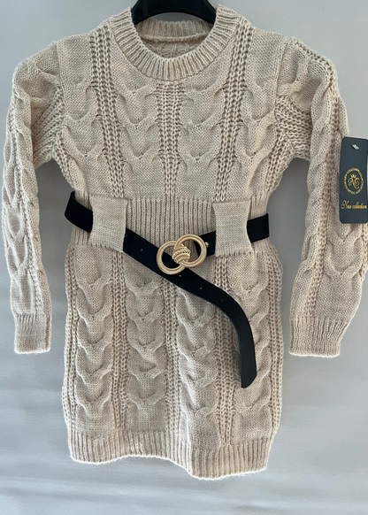 Beige Kabeljurk Met Riem