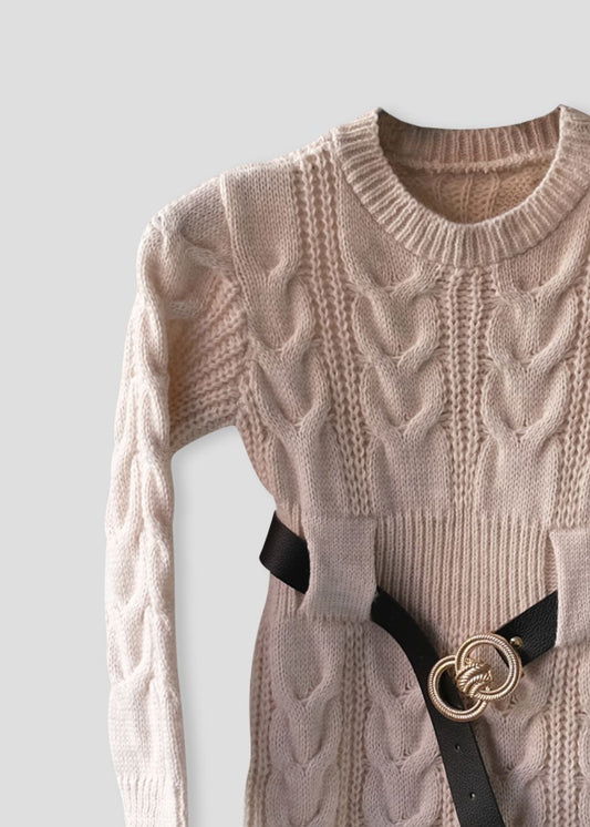 Beige Kabeljurk Met Riem